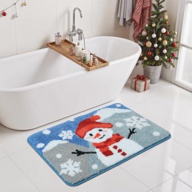 Imagem de Tapete de banho de boneco de neve de Natal 81 x 50 cm, decoração de banheiro de Natal, absorvente e fofo, de pelúcia macia, antiderrapante, lavável na máquina, tapetes de banheiro para pia de banheira