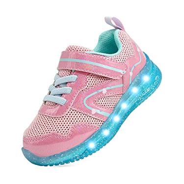Imagem de YESKIS Tênis de caminhada infantil para meninos e meninas com luzes de LED, malha respirável, Tênis rosa com luz, 9 Toddler