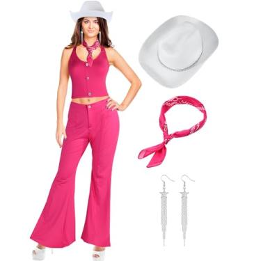 Imagem de ShinyMatch Roupa de vaqueira rosa anos 70 anos 80 hippie discoteca fantasia flare calça vaqueira para mulheres meninas cosplay Halloween (GG)