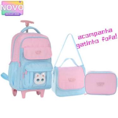 Imagem de Kit 3 em 1 Mochila Gatinho fofo com Rodinhas Bolsa Tiracolo Estojo Fem
