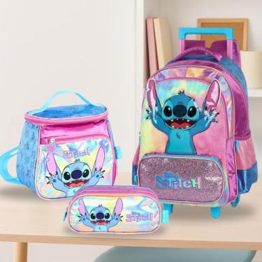 Imagem de Kit Escolar Stitch 3 Peças com Rodinhas  Mochila + Lancheira + Estojo 