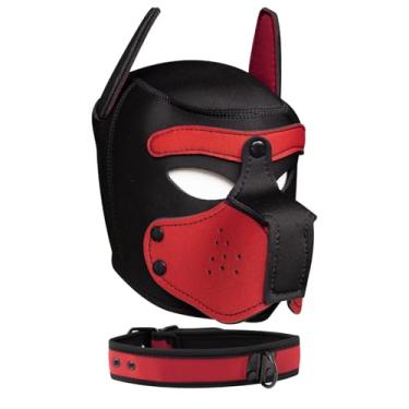 Imagem de Capuz para filhotes, máscara de neoprene com focinheira e coleira removíveis, rosto de cachorro completo (9 cores) (vermelho)