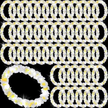 Imagem de Sherr Colar de flores havaianas com luzes de LED, 48 peças, para baile de máscaras, praia, casamento, festa temática tropical (branco com amarelo)