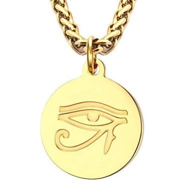 Imagem de Gungneer Joias africanas gravadas olho de Rah moeda pingente colar egípcio dourado corrente de aço inoxidável proteção amuleto, Metal, n