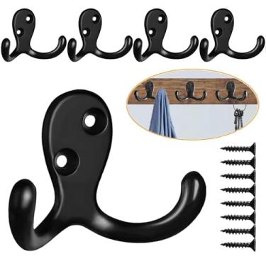 Imagem de Ganchos de parede pretos de pino duplo – 4 peças de ganchos de metal resistente com parafusos para pendurar casacos, chapéus, toalhas, roupões, bolsas na entrada, banheiro, quarto, armário