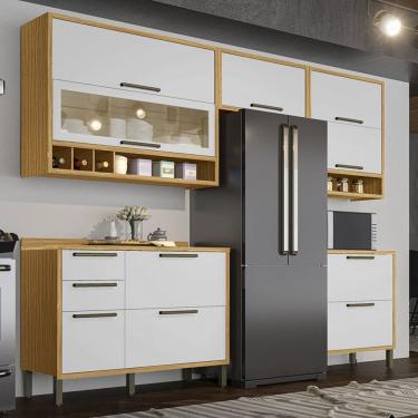 Imagem de Armário de Cozinha com Balcão e Tampo 8 Portas 4 Gavetas Pérola 100% Mdf Vidro Reflecta Amêndoa/Branco - Pnr Móveis