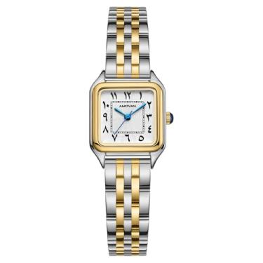 Imagem de Relógios dourados femininos de pulso pequeno, mostrador numeral arábico, pulseira de aço inoxidável, relógio de pulso vintage retangular de quartzo feminino, ferramenta de ajuste incluída, resistente