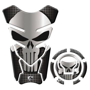 Imagem de Kit Adesivo Resinado Protetor Tanque E Bocal Moto Honda Acima 2018 Justiceiro Preto Prata