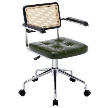 Imagem de Zesthouse Cadeira de escritório em casa moderna de couro com encosto de vime, cadeira de vaidade para meninas e mulheres, poltrona giratória tufada estofada para quarto, cadeira de trabalho de