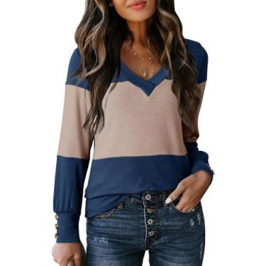 Imagem de Blusa feminina Dokotoo com decote em V, manga comprida, bloco colorido