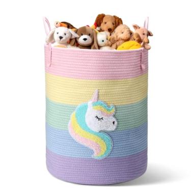 Imagem de LemonRoad Cesta de roupas sujas unicórnio grande corda de algodão 51 x 38 cm (A x P), cesta de tecido com alças para armazenamento, organizador de brinquedos para banheiro, lavanderia, quarto