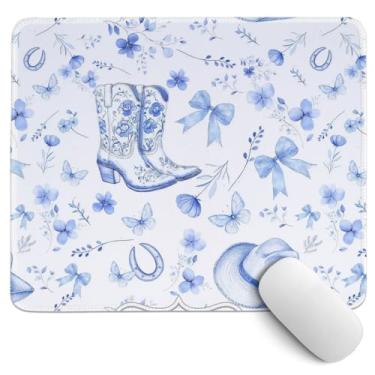 Imagem de PaJiaNi Tapete de mesa ocidental, mouse pad floral azul e branco, mouse pad de arco ocidental azul, coquete feminino cowgirls tapete de mesa para dormitório decoração de escritório ocidental, 11,8 x