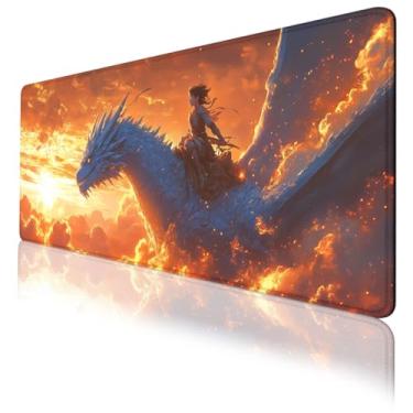 Imagem de Mouse pad dragão azul, jovem guerreiro épico fantasia aventura mousepad grande teclado para laptop base de borracha antiderrapante com bordas costuradas para casa 80 x 30 cm