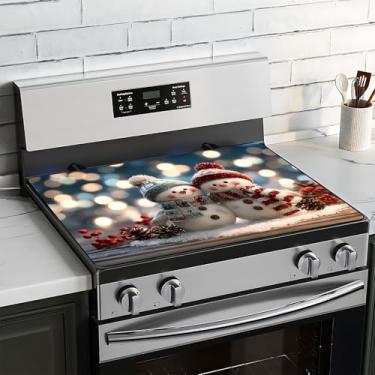 Imagem de BVBOX Capa superior de fogão de Natal para fogão elétrico 71.1 cm x 50.8 cm, capas superiores de fogão de vidro lavável decorativo tapete protetor de fogão para cozinha doméstica (homem de neve com um