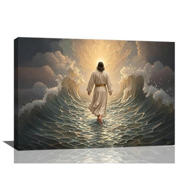 Imagem de Jesus Walking on Water Wall Art Jesus Christian Spiritual Wall Decor Pictures Bible Story Canvas Prints Painting God Faith Artwork Decoration for Bathroom Bedroom Living Room Framed Gifts 40.6 cm x