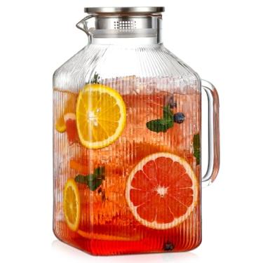 Imagem de Jarra de vidro quadrada espessa de 1 galão com tampa, jarra de água listrada clássica para geladeira, jarra de vidro borossilicato para bebida quente/fria, jarro extragrande com alça para chá gelado