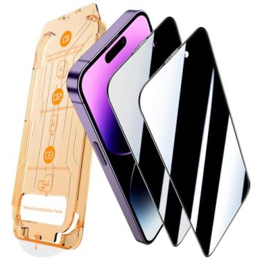 Imagem de JEHOO Pacote com 2 [Kit de alinhamento automático] Protetor de tela de privacidade para iPhone 14 Pro Max, vidro temperado, remoção automática de poeira anti-espião de 28°, antiarranhões