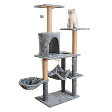 Imagem de Torre de árvore de gato de vários níveis, 132 cm de altura, pelúcia cinza com condomínio, rede, plataformas, postes de sisal, base de 55 x 38 cm