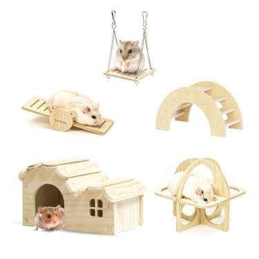 Imagem de DINTSTYLE Conjunto de 5 peças de brinquedos de hamster, casa de hamster, balanço, escada de escalada, gangorra e roda de exercício, conjunto de brinquedos esportivos DIY para animais de estimação