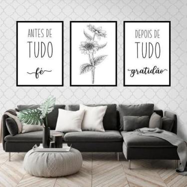 Imagem de Kit 3 Quadros Fé E Gratidão Girassol 60X40Cm Moldura Preta - Quadros O