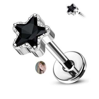 Imagem de CM Crareesi Mania Brincos de hélice estrela de titânio 16G cartilagem rosca interna Tragus brinco de pino traseiro plano hipoalergênico Medusa piercing joia, Titânio, Zircônia cúbica