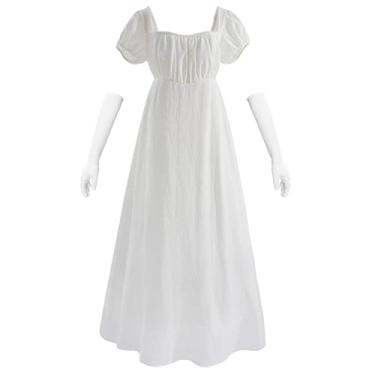 Imagem de NSPSTT Vestido vitoriano para mulheres, fantasias regenciais, vestidos de regência, com luvas de casamento brancas, Branco, 3G