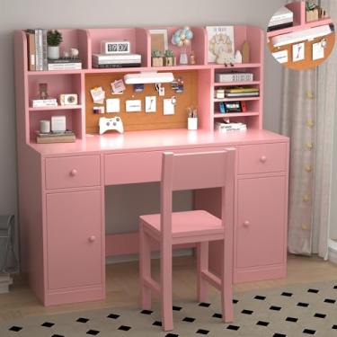 Imagem de RUPOLX 48x20Inch Wooden Pink Kids Study Desk and Chair Set with Light, 3 Drawers and 4 Storage Cabinets, Children Desk with 4 Open Hutch and Shelves, Girls Study Desk for Kids Bedroom-001
