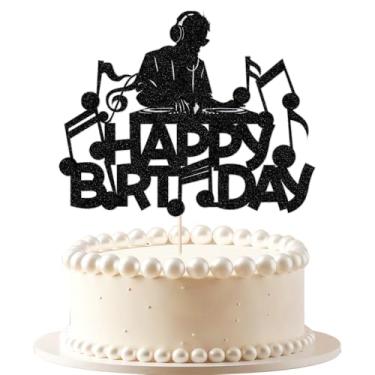 Imagem de VQOUZVSR Dj Disco Feliz Aniversário Topo de Bolo Preto Glitter Música Rock Disco Hip Hop Decoração de Bolo Festa de Carnaval DJ Disco Unissex Tema Adulto Artigos de Festa de Aniversário