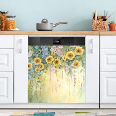 Imagem de ATTX Capa magnética para lava-louças pintura girassóis aquarela, 58,4 cm C x 66 cm A decoração da capa da máquina de lavar louça, decalques de armário doméstico eletrodomésticos adesivos #115