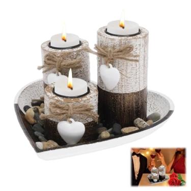 Imagem de Suporte de vela Tealight com bandeja de coração, 3 peças de castiçais de madeira rústica, castiçais de luz de chá decorativos vintage para decoração de mesa de centro de mesa de centro de casa de