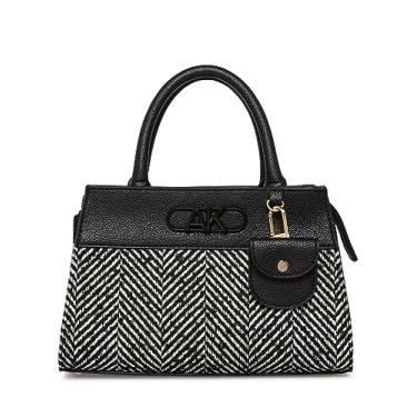 Imagem de Anne Klein Mini bolsa conversível espinha de peixe com logotipo AK chanfrado, preto/preto e branco, Preto, One Size