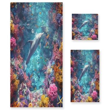 Imagem de ATTX Conjunto de toalhas de banho coloridas de recifes de coral de 3 peças - Ultra macio e de secagem rápida, toalhas de mão absorventes de grau de hotel e spa para banheiro #688