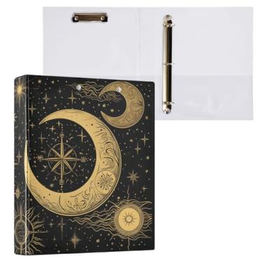 Imagem de Blueangle Fichário com 3 anéis de sol e lua dourados com prancheta e 2 bolsos - Organizador de documentos decorativos de 3 cm para escritório, suprimentos para reuniões (353)