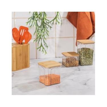 Imagem de Pote 900Ml De Plástico Translúcido e Tampa De Bambu Quadrado