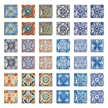Imagem de Beadthoven 40 peças cabochão quadrado mosaico 20 mm peças de azulejos de mosaico de vidro colorido para artesanato vintage boho flatback flor impressa cúpula de vidro contas camafeu para fotos, joias