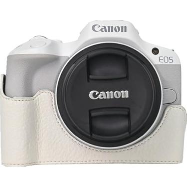 Imagem de Capa para R50, capa BMAOLLONGB feita à mão de couro liquei PU meia câmera versão abertura inferior para Canon Eos R50 com alça de mão (branca)