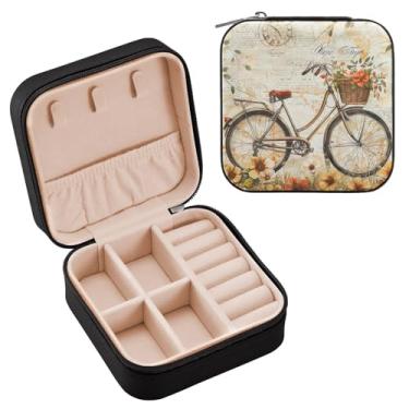 Imagem de YETTASBIN Caixa de joias de flores de bicicleta para adolescentes, meninas, mulheres, presente de aniversário, Natal, caixa de armazenamento portátil de couro PU, mini estojo de joias de viagem para