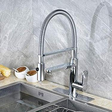 Imagem de Torneira de cozinha moderna montada na parede alavanca única torneira de pia de cozinha torneira misturadora cromada giratória com tampa quadrada