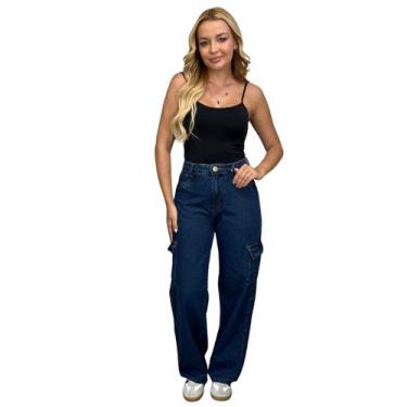 Imagem de Calça Wide Leg Cargo Feminina de Algodão Com 4 Bolsos Casual Stretch -
