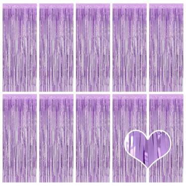 Imagem de Pacote com 10 cortinas de fundo roxo claro 1 m x 2,5 m cortinas metálicas de franja de folha de estanho para fotos para decoração de festa de aniversário, chá de bebê, noivado, casamento, decoração de