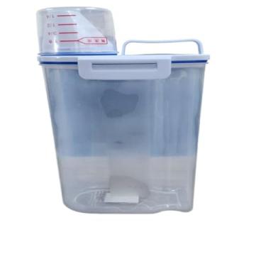 Imagem de Pote Hermético Multiuso com Dosador, 2kg, Transparente Branco e Azul, Plástico PP, Tampa Vedação Borracha, Copo Medidor Integrado, 29x15x8.5cm