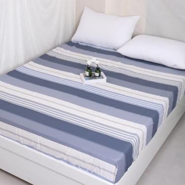 Imagem de Lençol Queen com elástico e estampa listrada de algodão puro para casa, bolso profundo, lavar à máquina