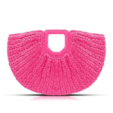 Imagem de QTKJ Bolsa de palha, bolsas de praia para mulheres, bolsa de mão de praia de tecido semicircular, bolsa de mão de vime feita à mão para viagens de férias diárias (rosa)