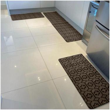 Imagem de Kit Jogo De Cozinha Carpete Geométrico Elegante 3 Peças Titulo Marrom