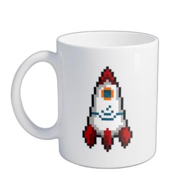 Imagem de Caneca Xícara de Café Porcelana 300ml Com Desenho Foguete Estilo Pixel Art
