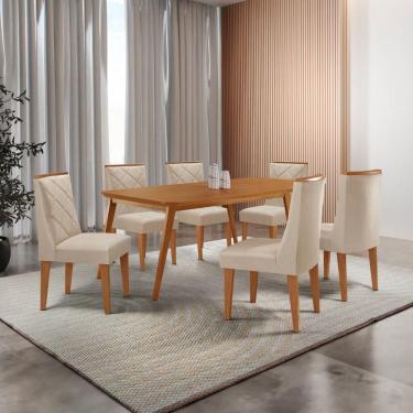 Imagem de Mesa De Jantar Copper 180cm Tampo Com 6 Cadeiras Moderna Veludo Creme/naturalle/naturalle