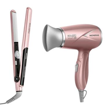Imagem de Kit Secador de Cabelos Travel + Prancha Alisadora Bivolt Golden Rose Tourmaline Íon Cerâmica Mondial
