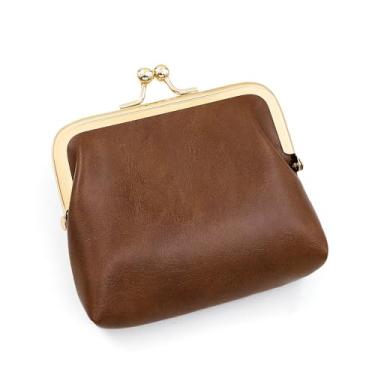 Imagem de Carteira feminina de couro genuíno com dobra dupla/tripla - Suporte minimalista para cartão de crédito com bloqueio de RFID e bolso para moedas, Marrom, Casual