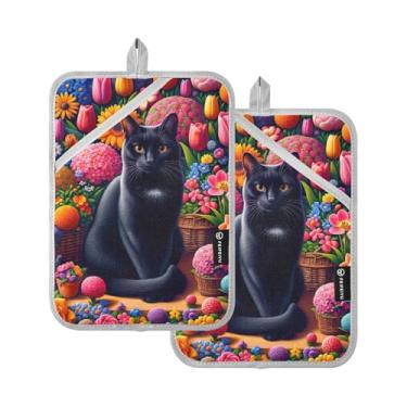 Imagem de Conjunto de 2 suportes de panela de flores coloridas de gato preto, tapetes quentes acolchoados resistentes ao calor para panelas e frigideiras para luvas de forno de cozinha