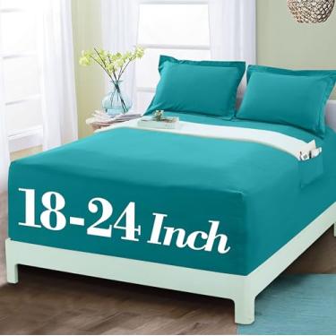 Imagem de Mocassi Lençol com elástico luxuoso 1800 de qualidade premium de hotel – Ultramacio, microfibra resistente a vincos, bolso extra profundo de 45 a 60 cm, lençol com elástico, solteiro, azul-petróleo